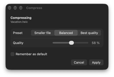 The options sheet for Compress: preset, quality and Remember as default