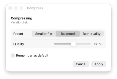 The options sheet for Compress: preset, quality and Remember as default