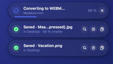 The app’s progress pills: converting a video to WebM at 23 %, and two saved files