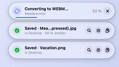 The app’s progress pills: converting a video to WebM at 23 %, and two saved files