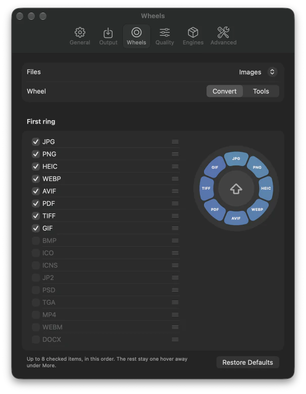Settings, Wheels tab: the eight formats in the first ring for images, in order, beside a preview of the wheel