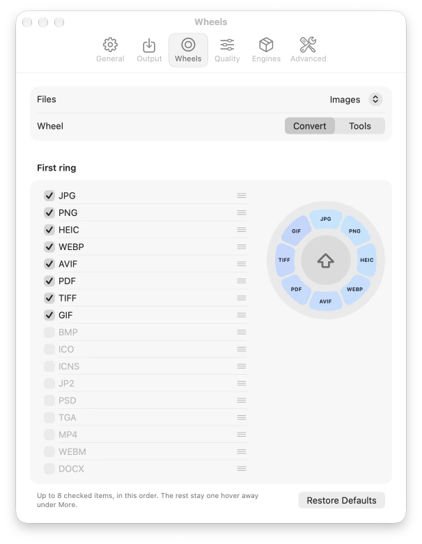 Settings, Wheels tab: the eight formats in the first ring for images, in order, beside a preview of the wheel