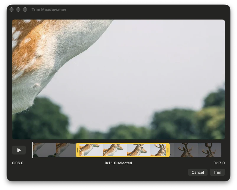 The trim editor: a video above a filmstrip with an 11-second selection between yellow handles