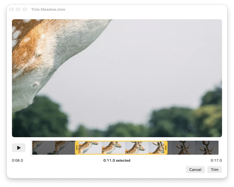 The trim editor: a video above a filmstrip with an 11-second selection between yellow handles